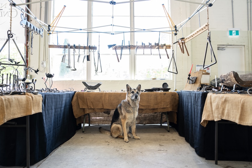 A German Shepherd dog sits in front of a stand for tools made by a blacksmith.