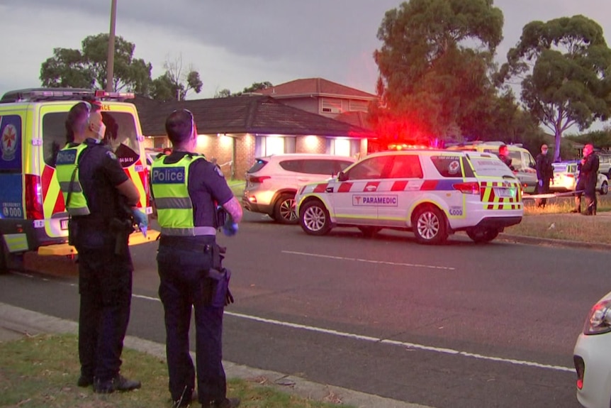 Two police officers stand on a residential street filled with ambulances and police cars with sirens flashing.