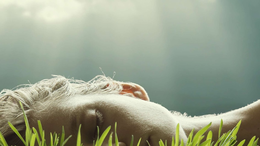 Closeup of woman's head sleeping in lush grass