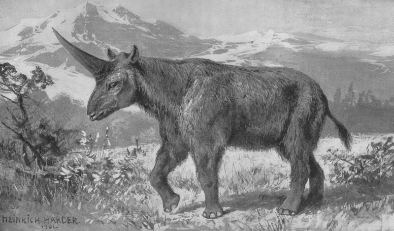 A black and white sketch of a Siberian unicorn in a mountainous field