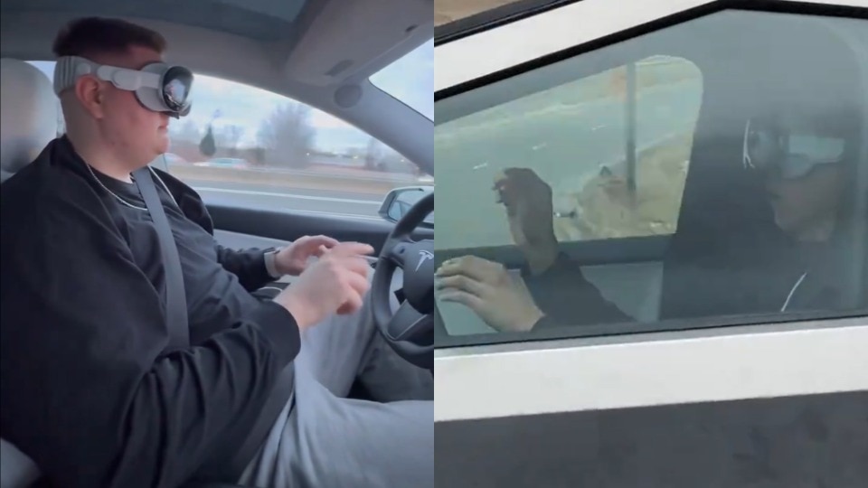 A composite of two screenshots from social media videos showing Tesla drivers using Apple Vision Pro headsets while driving