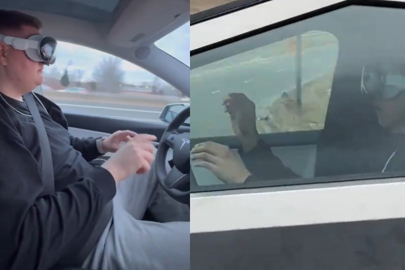A composite of two screenshots from social media videos showing Tesla drivers using Apple Vision Pro headsets while driving