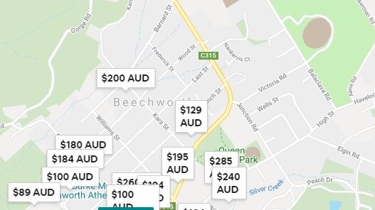 screenshot of Airbnb booking map showing prices
