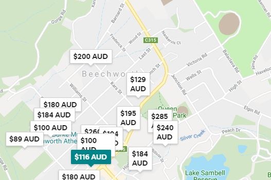 screenshot of Airbnb booking map showing prices