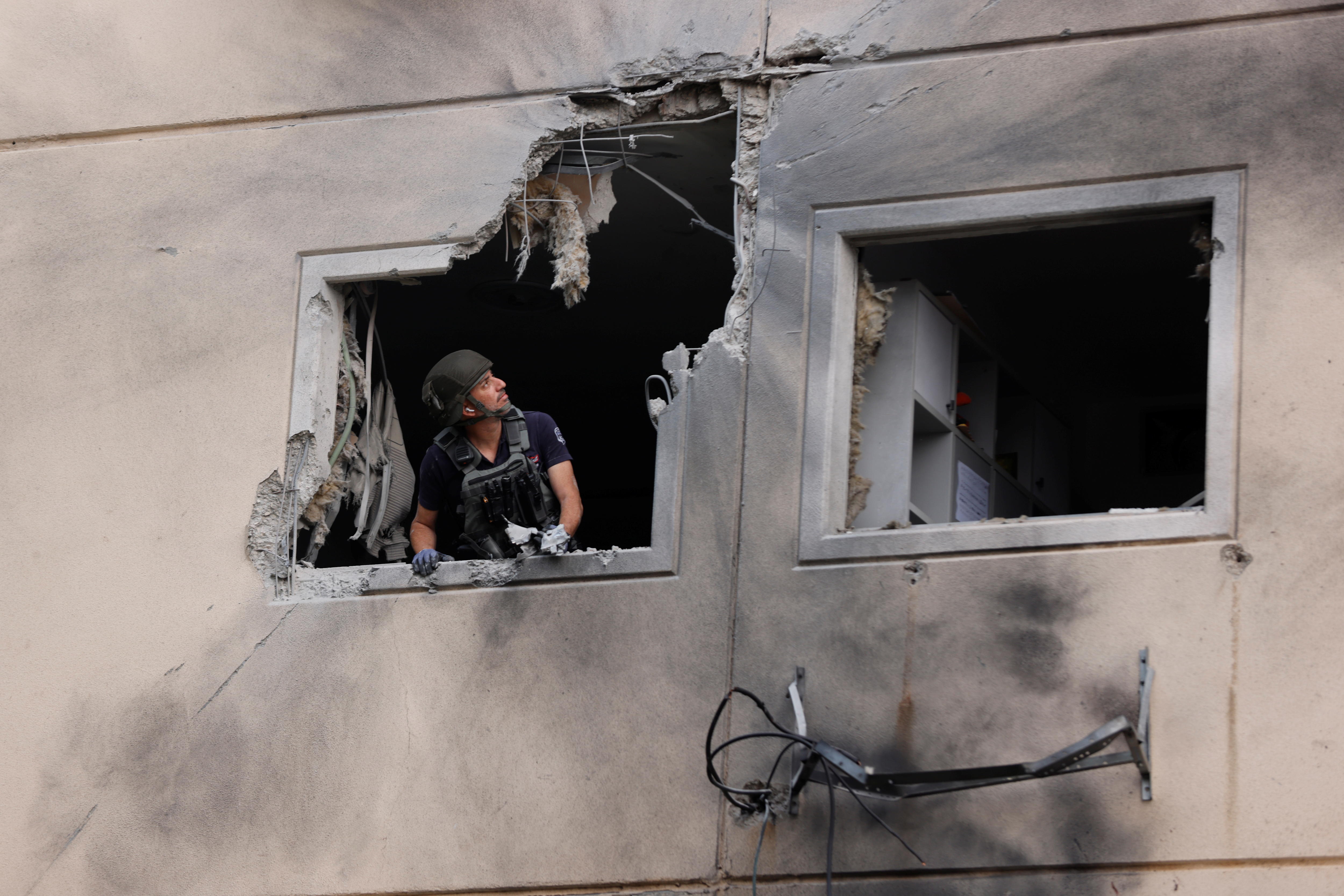 An Israeli building with a blown out window after a Gazan rocket attack.
