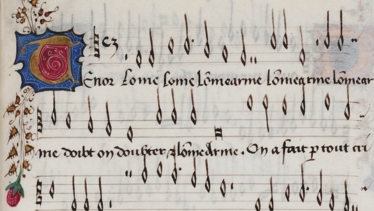 Photograph of a Renaissance manuscript featuring notation of the L'Homme Armé tune.