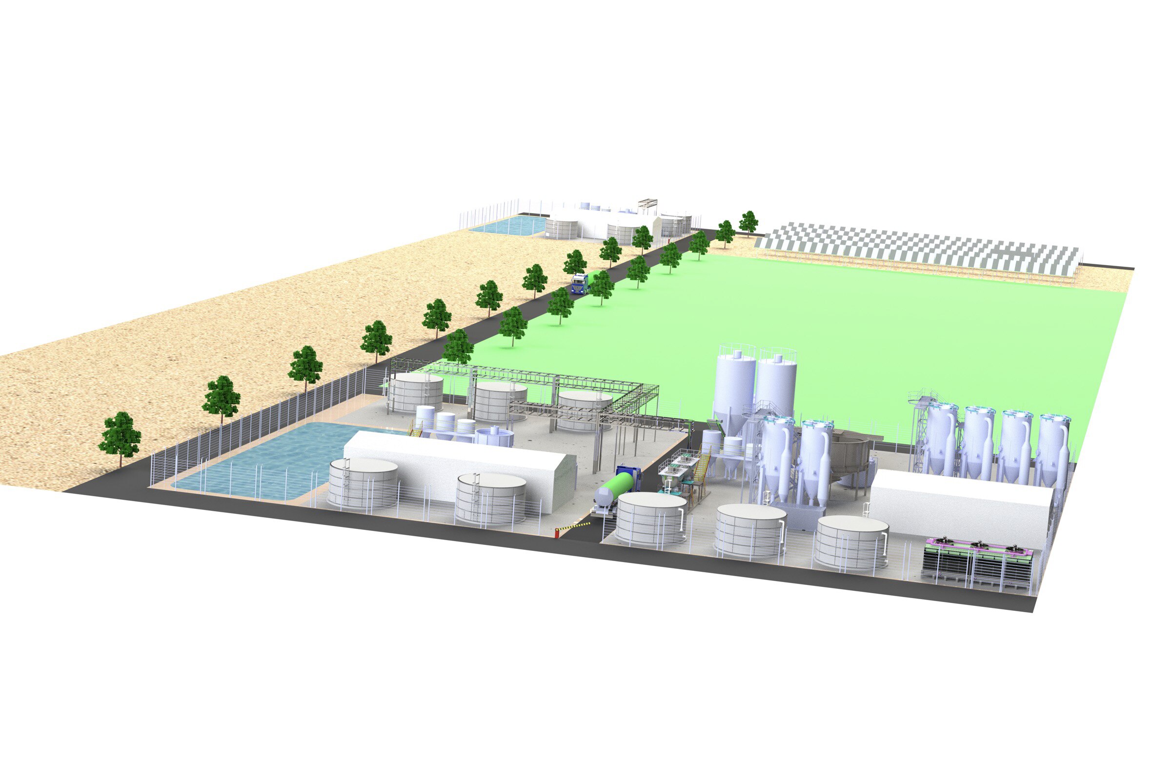 Plantas de uma planta de processamento de salmoura, mostrando tanques e galpões.
