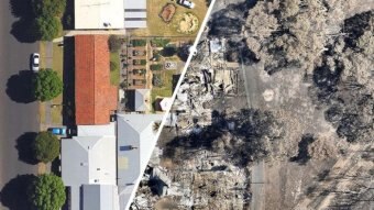 Composite image showing aerial photos of Yarloop properties before and after devastating bushfires.