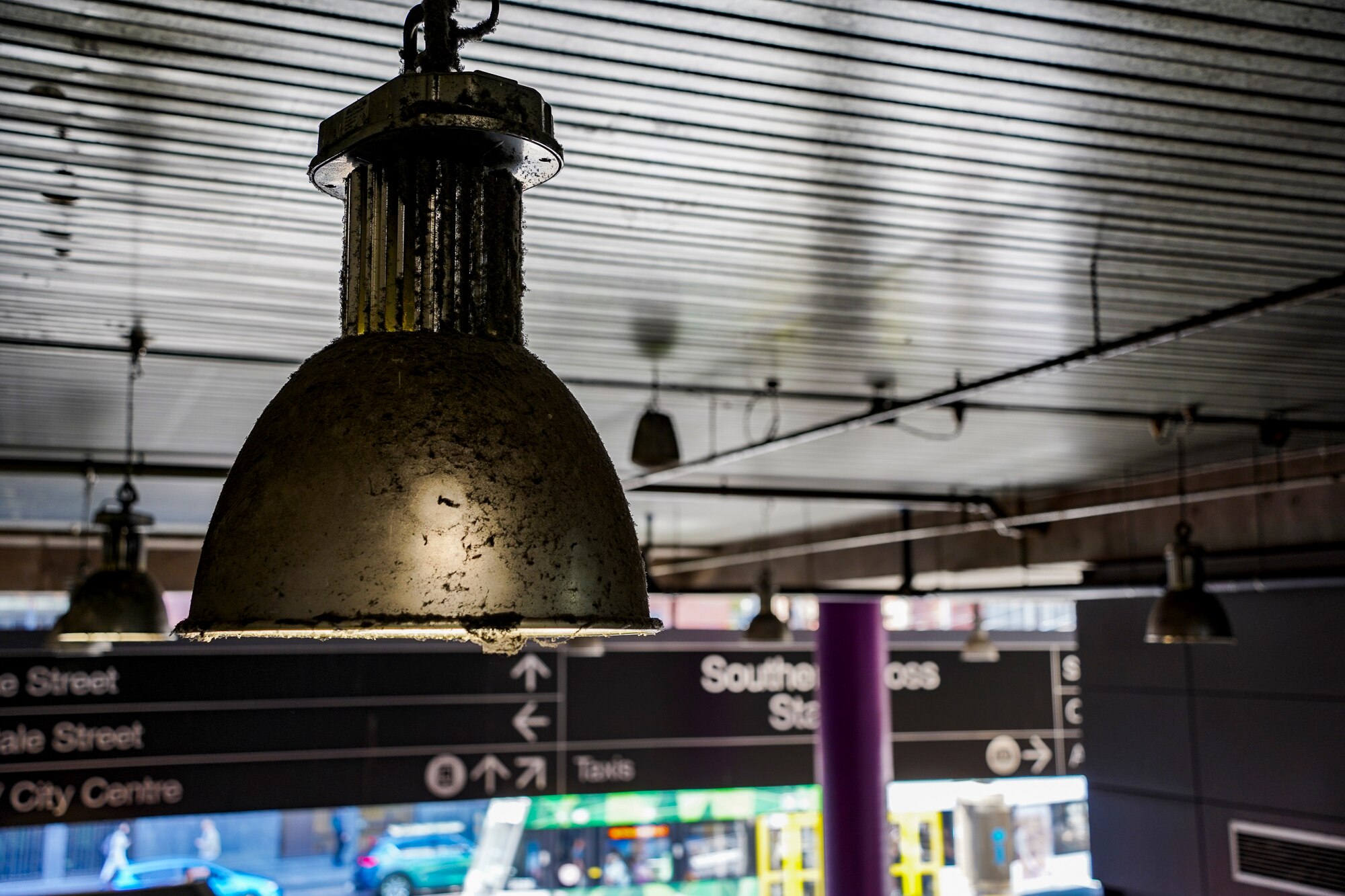 Light fitting at Southern cross covered in black soot