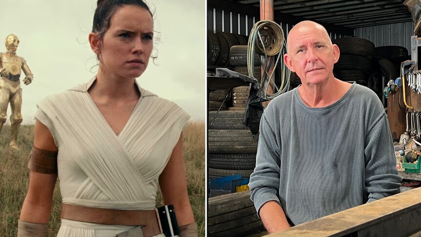 A split image showing a female actress in a film and a middle-aged man in a shed.