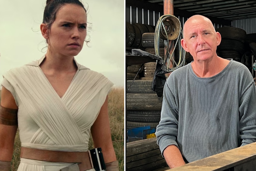 A split image showing a female actress in a film and a middle-aged man in a shed.