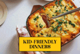 GIF of 3 kid-friendly dinners: easy baked chicken nuggets, cottage pie with hidden veggies, and taco bowls with beans and veg.