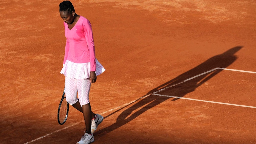 Venus Williams shows her dejection during French Open loss.