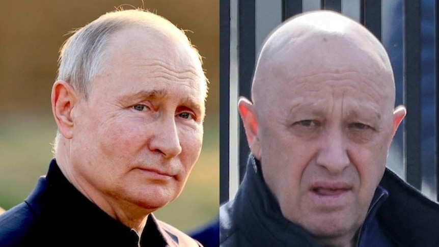 A composite image of close-ups of Vladimir Putin and Yevgeny Prigozhin.