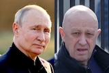 A composite image of close-ups of Vladimir Putin and Yevgeny Prigozhin.