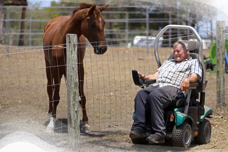 Former state assistant health minister Chris Davis in a wheelchair on a property.