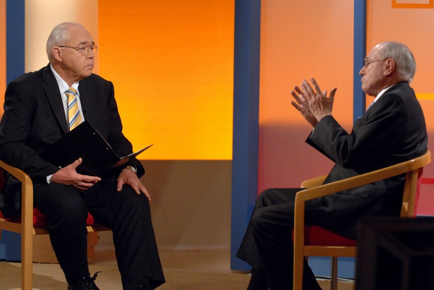 Prime Minister John Howard (right) appears on the Channel Nine Sunday program with Laurie Oakes.