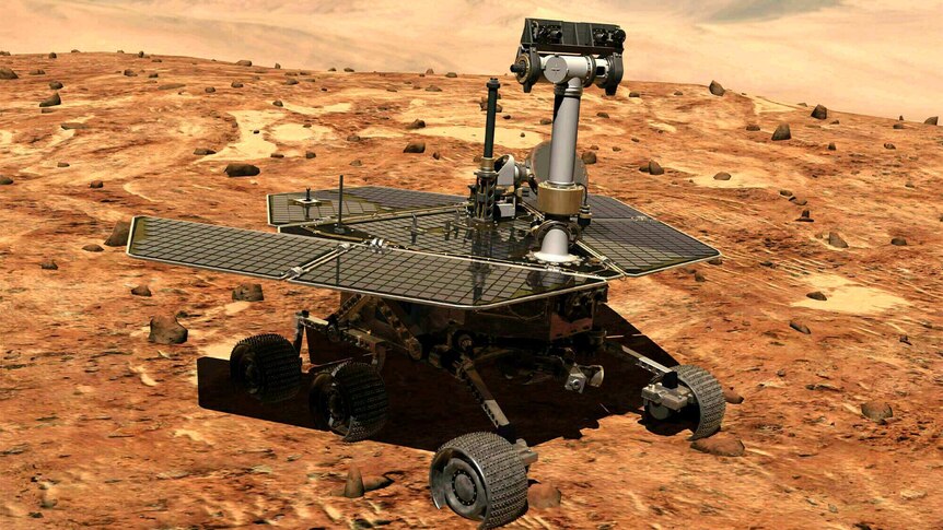 An illustration showing the six-wheeled Opportunity rover on the surface of Mars.
