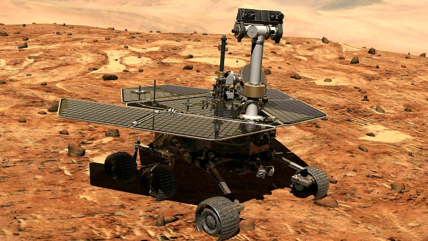 An illustration showing the six-wheeled Opportunity rover on the surface of Mars.