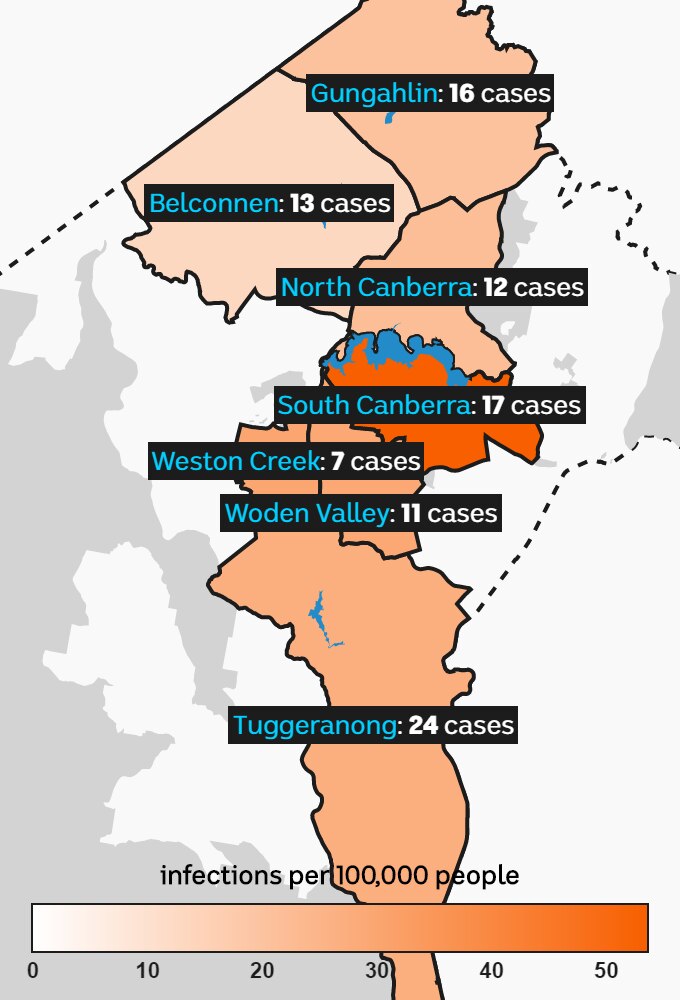 A map of Canberra, with a darker shade for the inner south.