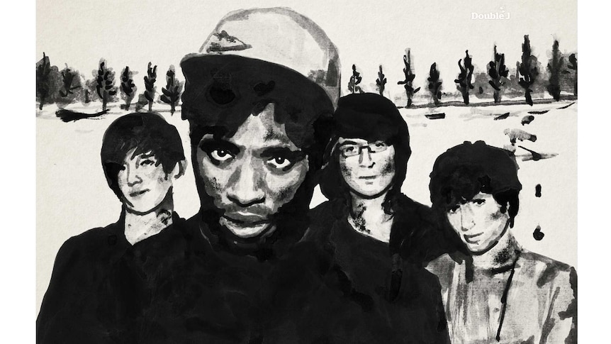 Illustration in black and white of bloc party