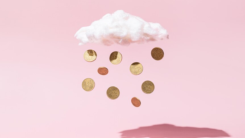 A small white cloud with coins falling from it like rain.