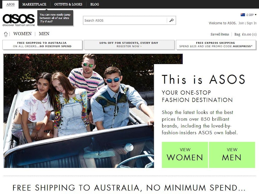 Homepage of ASOS.