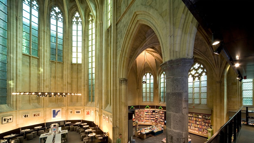 The view from a balcony inside the boekhandel dominicanen, a 13th Century church converted into a bookstore