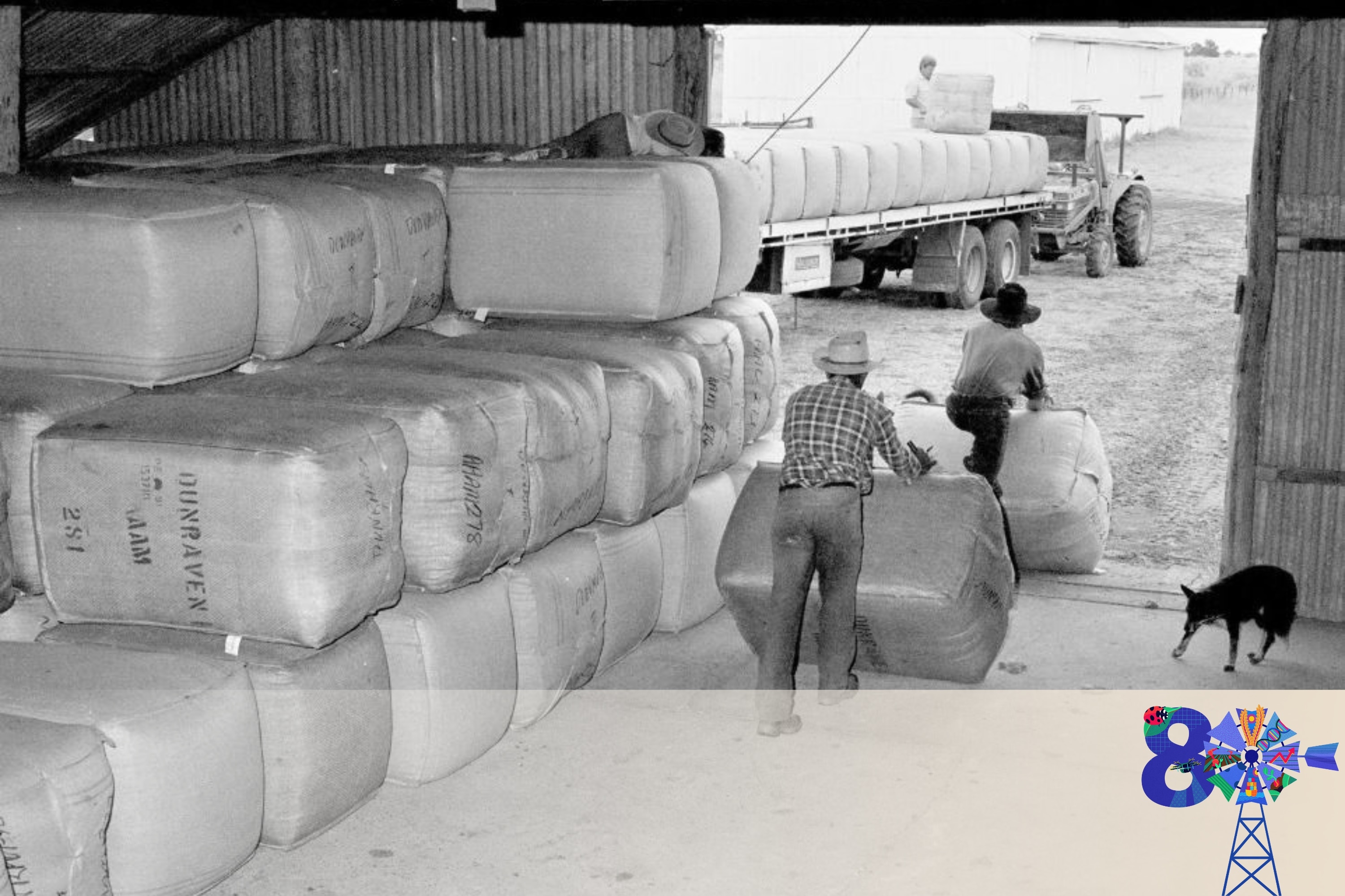 black and white photo of wool bales in a warehouse