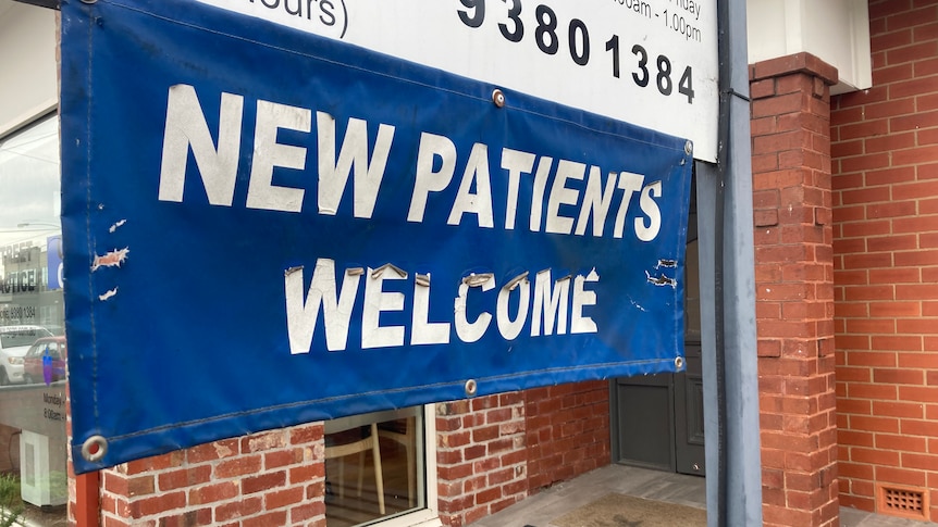 A damaged sign reading 'new patients welcome'