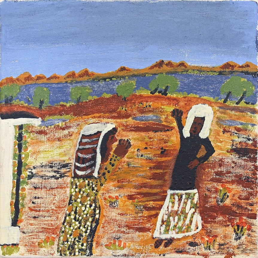 A painting of two women in the bush.