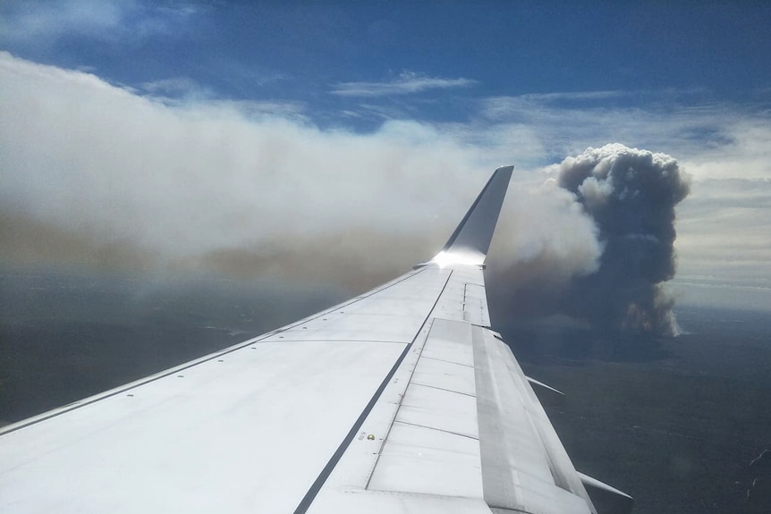 A plume of smoke rising from Perth hills, view from a plane.