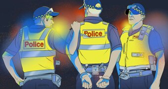 An illustration shows three police officers, one has his hands in cuffs