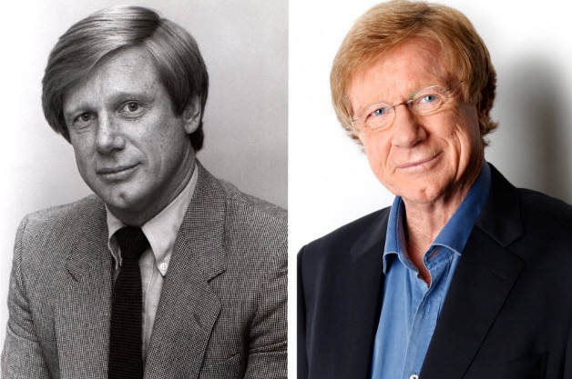 Two images of ABC journalist Kerry O'Brien, one from 1970s and one from today