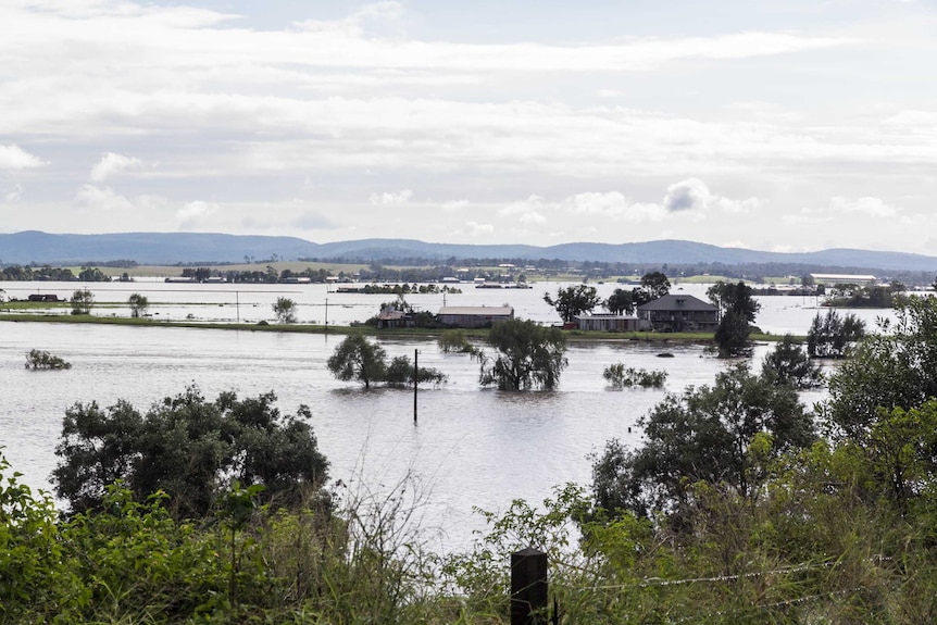 Floodwater lies on paddocks around the village of Morpeth in the NSW Hunter Valley in April 2015.