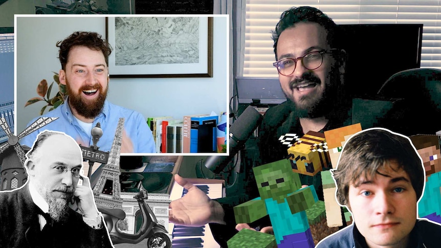 Montage of Matthew and Meena talking and cutouts of composers C418 and Satie with characters from Minecraft.