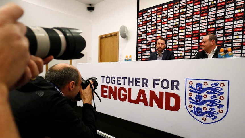England manager Gareth Southgate (L) during a press conference on March 15, 2018.