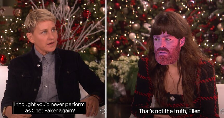 A photshop of Chet Faker as Dakota Johnson telling Ellen 'that's not the truth' about never performing as Chet again