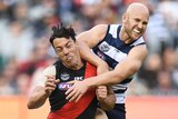 Gary Ablett makes contact with his elbow to the head of Dylan Shiel during the Cats versus Bombers match.