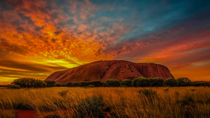 Bright yellow orange sky with Uluru in foreground.