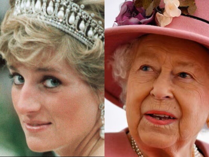 Image of princess diana in a tiara and the queen in a pink hat with flowers