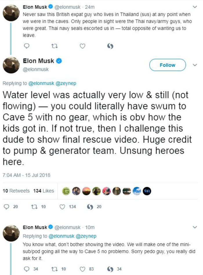 Elon Musk deleted tweets attacking UK diver calling him a "pedo".