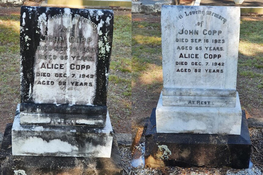 Before and after shot of a cleaned up tombstone.