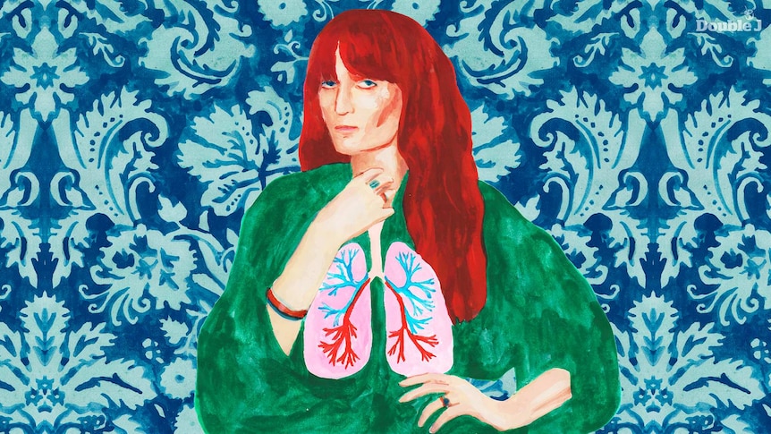 An illustration of Florence Welch in a green dress with lungs painted on the outside of her body