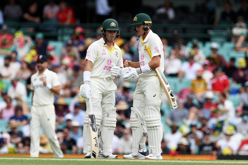 Australian batters Marcus Harris and Marnus Labuschagne talk in the middle of the SCG pitch during an Ashes Test at the SCG.