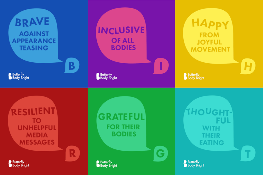 A graphic featuring six brightly coloured tiles with the headlines: Brave, Resilient, Inclusive, Grateful, Happy and Thoughtful.