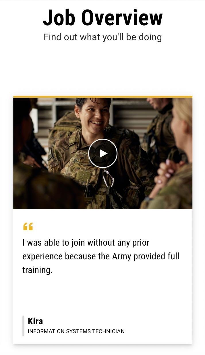 Screen capture of the ADF recruitment website showing a photo of Kira Koralev