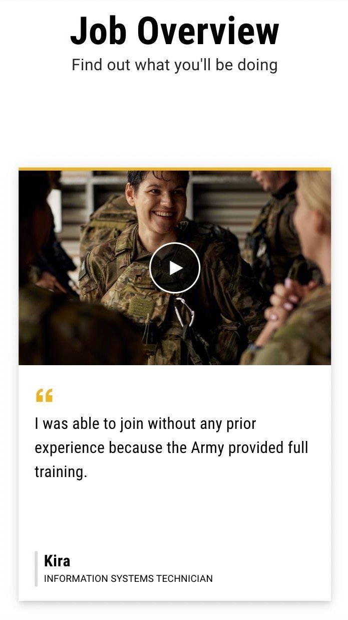 A screenshot of a recruitment website for ADF showing an image of Kira Koralev
