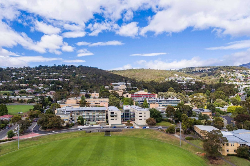 A shot of the University of Tasmania's Sandy Bay campus taken from the air.