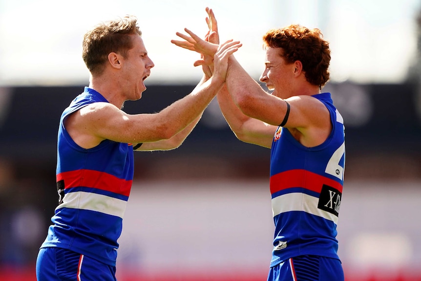 Two Western Bulldogs AFL players high five each other as they celebrate a goal against the Adelaide Crows.